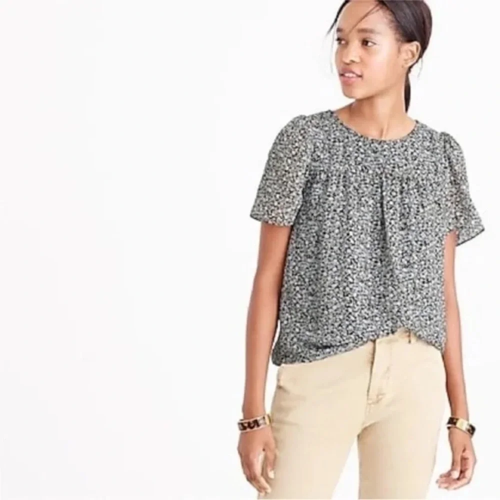 J. CREW Chiffon Silk Gold Metallic Black & White Blouse Floral Top